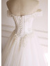 Off The Shoulder Ivory Lace Tulle Basque Waist Wedding Dress